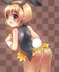  animal_ears armin_arlert ass back-seamed_legwear blonde_hair blue_eyes bunny_boy bunny_ears bunnysuit fishnet_pantyhose fishnets from_behind leotard looking_back male_focus open_mouth otoko_no_ko pantyhose seamed_legwear shingeki_no_kyojin short_hair silhouette_sakura solo usamin wrist_cuffs 