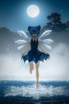  barefoot blue_hair bow cirno fog full_body full_moon hair_bow highres ice ice_wings justinas_vitkus looking_down moon moonlight night ripples see-through short_hair skirt_hold snowflakes solo standing standing_on_one_leg touhou tree walking walking_on_liquid water wings 