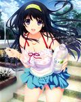  :d absurdres bad_id bad_yandere_id black_hair blue_skirt blue_sky bottle brand_name_imitation breasts casual cleavage cloud copyright_request day hairband highres iizuki_tasuku jewelry lamppost large_breasts long_hair looking_at_viewer necklace no_bra open_mouth outdoors panties pantyshot park pink_panties plant purple_hair see-through skirt sky smile solo stairs standing tree underwear water_bottle wet wet_clothes 