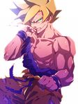  bad_id bad_pixiv_id blonde_hair dragon_ball dragon_ball_z green_eyes male_focus muscle purinnkawayusu solo son_gokuu spiked_hair super_saiyan torn_clothes 