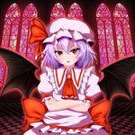  ascot aura bat_wings bow brooch checkered checkered_floor crossed_arms fang hat hat_ribbon highres indoors jewelry lavender_hair looking_at_viewer misumo mob_cap parted_lips puffy_short_sleeves puffy_sleeves red_eyes remilia_scarlet ribbon short_hair short_sleeves skirt skirt_set slit_pupils solo stained_glass tile_floor tiles touhou window wings 
