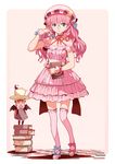  alternate_costume alternate_eye_color alternate_hair_color alternate_hairstyle arms_up bare_shoulders bat_wings bespectacled blue_eyes blush blush_stickers book bow braid checkered checkered_floor choker crescent cup dress glasses hair_bow hat head_wings high_heels holding_up koakuma leo_hariyoru long_hair looking_at_viewer low_wings minigirl multiple_girls patchouli_knowledge pink_hair pink_legwear red_hair saucer shoes striped striped_legwear teacup thighhighs touhou twin_braids vertical-striped_legwear vertical_stripes wings wrist_cuffs zettai_ryouiki 