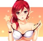  alternate_hair_color blush breasts cleavage elsword embarrassed heart highres large_breasts long_hair pointy_ears ponytail red_eyes red_hair rena_(elsword) solo star tsukimi_kirara undressing 