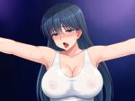  1girl black_hair blue_eyes blush breasts cleavage collarbone covered_nipples eyebrows_visible_through_hair hormone_koijirou large_breasts leila_blitz long_hair looking_at_viewer open_mouth outstretched_arms rolling_thunder saliva see-through solo straight_hair sweat tank_top tareme tongue upper_body 