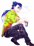  bad_id bad_pixiv_id beer_can blue_hair can cigarette earrings fate/hollow_ataraxia fate_(series) hawaiian_shirt jewelry lancer long_hair male_focus ponytail purinnkawayusu red_eyes shirt smoking solo 