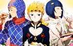  bad_id bad_pixiv_id blonde_hair blue_eyes blue_hair braid bruno_buccellati eating food fork giorno_giovanna guido_mista holding_pizza jojo_no_kimyou_na_bouken male_focus multiple_boys pizza pudding spoon xxxceller 