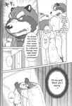  anthro awkward bathroom bear biceps blush canine chubby clothing comic fox fur jin_(artist) male mammal me_and_my_teacher monochrome size_difference steam sweat text wolf yelling 