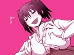  1girl censored cum danshi_koukousei_no_nichijou ejaculation fang ikushima_(danshi_koukousei) kiikakiika monochrome open_mouth paizuri paizuri_under_clothes penis penis_under_clothes pink pink_background school_uniform sex smile twintails 