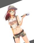  bad_id bad_pixiv_id belt blush brown_eyes brown_hair crop_top dutch_angle explosive fio_germi glasses grenade gun handgun hat highres holding jacket long_hair looking_at_viewer metal_slug midriff navel open_clothes open_jacket ponytail ruki_(coo) shirt short_shorts shorts snk solo standing stielhandgranate weapon white_background white_shirt 