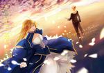  1girl ahoge artoria_pendragon_(all) blonde_hair cover cover_page doujin_cover dress fate/zero fate_(series) gilgamesh green_eyes hair_down jewelry long_hair lorein necklace red_eyes saber 