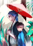  blue_hair chinese_clothes fate/stay_night fate/zero fate_(series) from_side holding holding_umbrella japanese_clothes kimono kotomine_kirei matou_zouken multiple_boys parasol shared_umbrella sunglasses time_paradox umbrella upper_body yamakawatani younger 