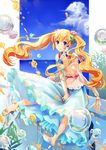  alle_gro blonde_hair blue_eyes bottle bubble day drink flower hair_flower hair_ornament high_heels long_hair orangina personification sandals shoes sitting skirt sky smile solo twintails very_long_hair 