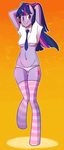  anthro anthrofied blue_hair blush breasts camel_toe clothed clothing cutie_mark equine female friendship_is_magic hair horn horse legwear long_hair looking_at_viewer mammal multi-colored_hair my_little_pony navel necktie nipples orange_background panties partially_clothed plain_background pony purple_body purple_eyes raised_arm shirt smile solo stockings takocto translucent twilight_sparkle_(mlp) under_boob underwear unicorn 