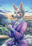  beach black_nails black_nose bow byakko canine chair coffee cute female flower fox fur green_eyes japanese_clothing kacey kimono mammal morning necklace pointy_ears sea seaside smile solo steam sunrise table water white_fur 