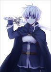  armor bad_id bad_pixiv_id belt blue_eyes cape expressionless fingerless_gloves frown gloves headband madou_monogatari male_focus over_shoulder puyopuyo schezo_wegey solo sword weapon white_background white_hair yomogi_komegura 