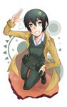  belt belt_pouch black_hair brown_belt coat eyebrows_visible_through_hair full_body green_eyes green_footwear green_jacket green_pants grin hand_up highres jacket kino kino_no_tabi long_sleeves looking_at_viewer natzagear pants pouch shiny shiny_hair shoes short_hair smile solo standing 