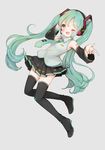  bad_id bad_pixiv_id boots detached_sleeves green_eyes green_hair hatsune_miku headset highres long_hair mnmktn necktie one_eye_closed skirt solo thigh_boots thighhighs twintails very_long_hair vocaloid 