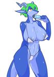  amber_eyes big_breasts bikini black_skin breasts camel_toe cleavage clothed clothing dragon female green_hair hair horn ice_cream kazuhiro non-mammal_breasts open_mouth plain_background reptile scalie short_hair skimpy standing sweat swimsuit teeth thighs tight_clothing tongue tongue_out white_background 