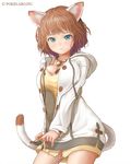  :t animal_ears bell blue_eyes breasts brown_hair buttons cable cat_ears cowboy_shot dress hood hood_down hoodie large_breasts looking_at_viewer original ribbon short_hair simple_background solo ss39 standing tail watermark white_background 