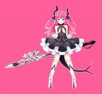  30re blue_eyes blush detached_sleeves dress elizabeth_bathory_(fate) elizabeth_bathory_(fate)_(all) fate/extra fate/extra_ccc fate_(series) full_body horns long_hair pink_background pink_hair pointy_ears pointy_shoes polearm sarkany_csont_landzsa shoes simple_background solo spear tail two_side_up weapon 