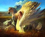  cloud clouds detailed_background equine feathers female feral hair horse human long_hair looking_at_viewer mammal mountain pegasus rhads rock standing wings 