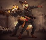  anthro barefoot canine collar coyote duo fence fingerless_gloves fox gearbox gloves gun h.grunt hybrid killing_floor male mammal military ranged_weapon uniform weapon 