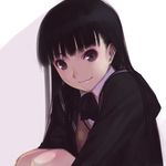  amagami ayatsuji_tsukasa bangs black_eyes black_hair blazer blunt_bangs close-up closed_mouth face jacket knees_to_chest leg_hug long_hair sakamoto_mineji school_uniform simple_background sitting smile solo sweater_vest 