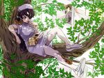  bare_legs brown_hair eating eyepatch hat in_tree long_hair mirai_nikki ndo2 nishijima_masumi nurse nurse_cap pantyhose purple_hair sitting sitting_in_tree squirrel tree uryuu_minene 