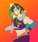  black_hair bracelet brown_hair crop_top fingerless_gloves gloves goggles goggles_on_head green_eyes grin jewelry jojo_no_kimyou_na_bouken joseph_joestar_(young) loll-ruhig male_focus midriff one_eye_closed scarf smile solo 