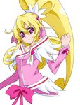  aida_mana blonde_hair bow clenched_hand cure_heart dokidoki!_precure earrings half_updo heart jewelry long_hair nanashishi pink_bow pink_eyes pink_skirt pink_sleeves ponytail precure ribbon serious simple_background skirt solo white_background 