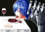  1boy alcohol blood blue_eyes blue_hair cup drink dripping food glass legato_bluesummers male male_focus plate table tongue tongue_out trigun wine wine_glass 