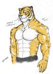  abs anthro biceps big_muscles black_fur body_markings canine claws clothed clothing feline frown fur half-dressed hentist looking_at_viewer male mammal markings muscles orange_fur pants pecs pink_nose plain_background pose solo standing stripes tiger toned topless toragami_gaou vein white_background white_fur yellow_eyes 