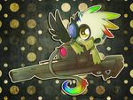  beak bird chibi eyelashes feathers feral friendship_is_magic gears_of_war gryphon happy headphones invalid_background male my_little_pony nich_balam_(artist) papercraft polka_dots_background rainbow skoop skoop_(character) sniper solo wings 