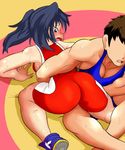  1boy 1girl ass danshi_koukousei_no_nichijou ikushima_(danshi_koukousei) spandex tof twintails unitard wrestling wrestling_outfit 