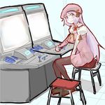  aqua_eyes arcade arcade_cabinet blush gundam gundam_exa hat long_hair pantyhose playing_games silver_hair solo sthesia_awar very_long_hair zonbaio 