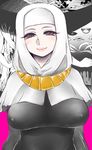  bad_id bad_pixiv_id blush breasts brown_eyes covered_nipples dentakun fate/extra fate/extra_ccc fate_(series) habit hat horns jewelry large_breasts necklace nun sesshouin_kiara solo 