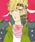  blonde_hair blue_eyes caesar_anthonio_zeppeli facial_mark feathers fingerless_gloves gloves green_jacket hair_feathers hands_on_own_face headband jacket jojo_no_kimyou_na_bouken loll-ruhig male_focus solo wince 