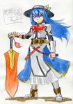  adapted_costume alternate_costume alternate_weapon blue_hair food fruit hinanawi_tenshi kawachi_koorogi long_hair peach red_eyes sword touhou weapon 