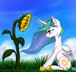  cutie_mark equine female feral freckles friendship_is_magic hair horn horse madhotaru mammal multi-colored_hair my_little_pony outside plant pony princess_celestia_(mlp) purple_eyes sitting solo sunflower winged_unicorn wings 