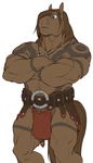  armor belt biceps big_muscles blue_eyes bodypaint brown_fur brown_hair bulge crossed_arms equine folded_arms fur hair horse horseshoe loincloth male mammal muscles necklace pecs plain_background pose solo standing tattoo thewielder toned topless underwear white_background 