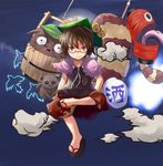  animal_ears bell bird bow brown_eyes brown_hair bucket chouchin_obake full_moon futatsuiwa_mamizou glasses gourd hamakenn hat lantern leaf leaf_on_head moon one-eyed paper_lantern raccoon_ears raccoon_tail red-framed_eyewear sandals smile smoke tail tanuki tongue touhou 