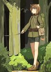  ahoge animal_ears backpack bag belt blush brown_eyes brown_hair hiking inufusa_yuno military military_uniform musical_note pouch shibasaki_shouji short_hair shorts solo stick tail tree uniform world_witches_series 