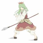  bishamonten's_spear cosplay flats green_eyes green_hair kawashina_(momen_silicon) kochiya_sanae long_hair looking_at_viewer polearm simple_background smile solo spear tiger_stripes toramaru_shou toramaru_shou_(cosplay) touhou weapon white_background 