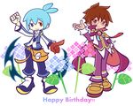  ahoge bag blue_eyes blue_hair brown_hair cape capri_pants chain flower full_body glasses happy_birthday heterochromia jacket kawamochi_(mocchii) light_blue_hair male_focus multiple_boys official_style pants puyopuyo puyopuyo_fever red_eyes shoes sig_(puyopuyo) smile strange_klug white_background 