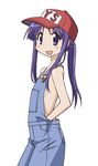  :d artist_request baseball_cap flat_chest hat highres hinata_yukari long_hair naked_overalls open_mouth overalls purple_eyes purple_hair smile solo yuyushiki 