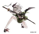  bandages banned_artist bare_legs closed_eyes fighting_stance hair_ribbon katana konpaku_youmu kozou_(soumuden) no_socks open_clothes open_vest puffy_sleeves ribbon shirt short_sleeves silver_hair simple_background skirt solo sword touhou vest weapon white_background 