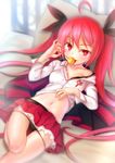  ahoge bad_id bad_pixiv_id black_panties blush candy date_a_live food itsuka_kotori lollipop long_hair long_sleeves namayon navel panties pillow red_eyes red_hair skirt solo tongue twintails underwear very_long_hair 