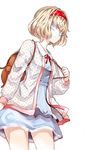  alice_margatroid alternate_costume backpack bag banned_artist blonde_hair blue_eyes contemporary from_below hairband jacket kozou_(soumuden) long_sleeves open_clothes open_jacket shirt short_hair simple_background skirt solo touhou white_background 