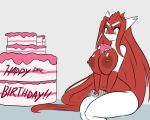  2018 anthro anthrofied big_breasts breasts cake english_text fan_character female food hair latiar latias legendary_pok&eacute;mon lewdtias looking_down navel nintendo nipples nude pok&eacute;mon pok&eacute;mon_(species) pok&eacute;morph red_hair simple_background sitting smile solo text thick_thighs video_games white_background yellow_eyes 