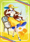  bad_id bad_pixiv_id belt blue_eyes book bottle brown_hair chair character_name drink flower hat hat_flower high_heels highres legs long_hair looking_at_viewer nekomissile open_book orange_blossoms orangina scarf shoes skirt smile solo 